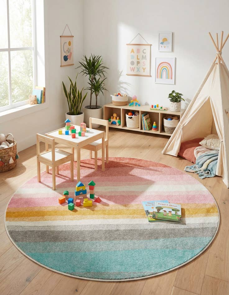 Detail image of 5' 3 x 5' 3 Rainbow Stripes Whimsy Kids Round Rug