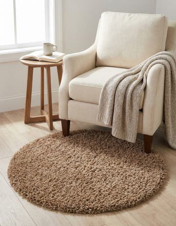 Sandy Brown Solid Shag Round Rug