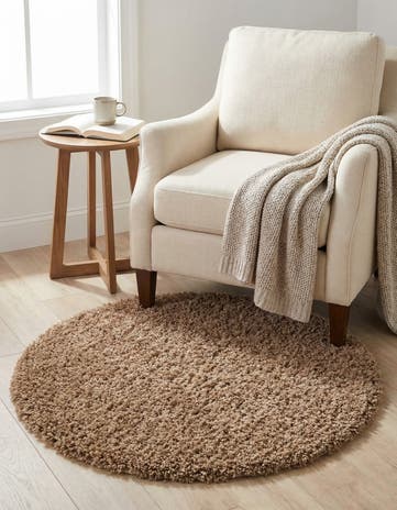 Sandy Brown Solid Shag Round Rug