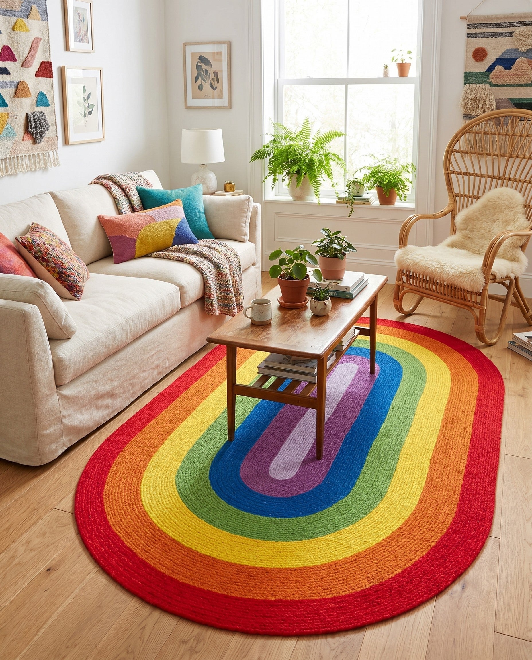 5' 1 x 8' Handmade Hand Braided Rainbow Wool Oval Rug