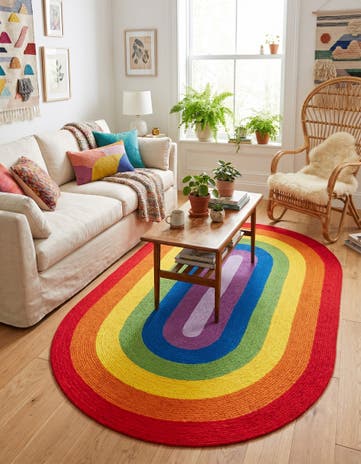 5' 1 x 8' Handmade Hand Braided Rainbow Wool Oval Rug