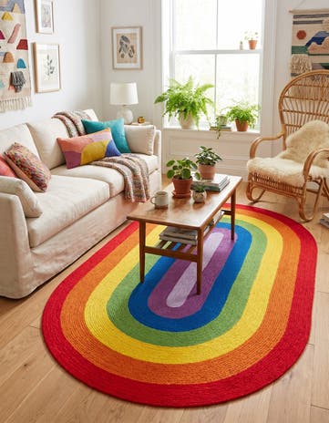 5' 1 x 8' Handmade Hand Braided Rainbow Wool Oval Rug