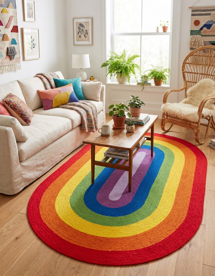 5' 1 x 8' Handmade Hand Braided Rainbow Wo...