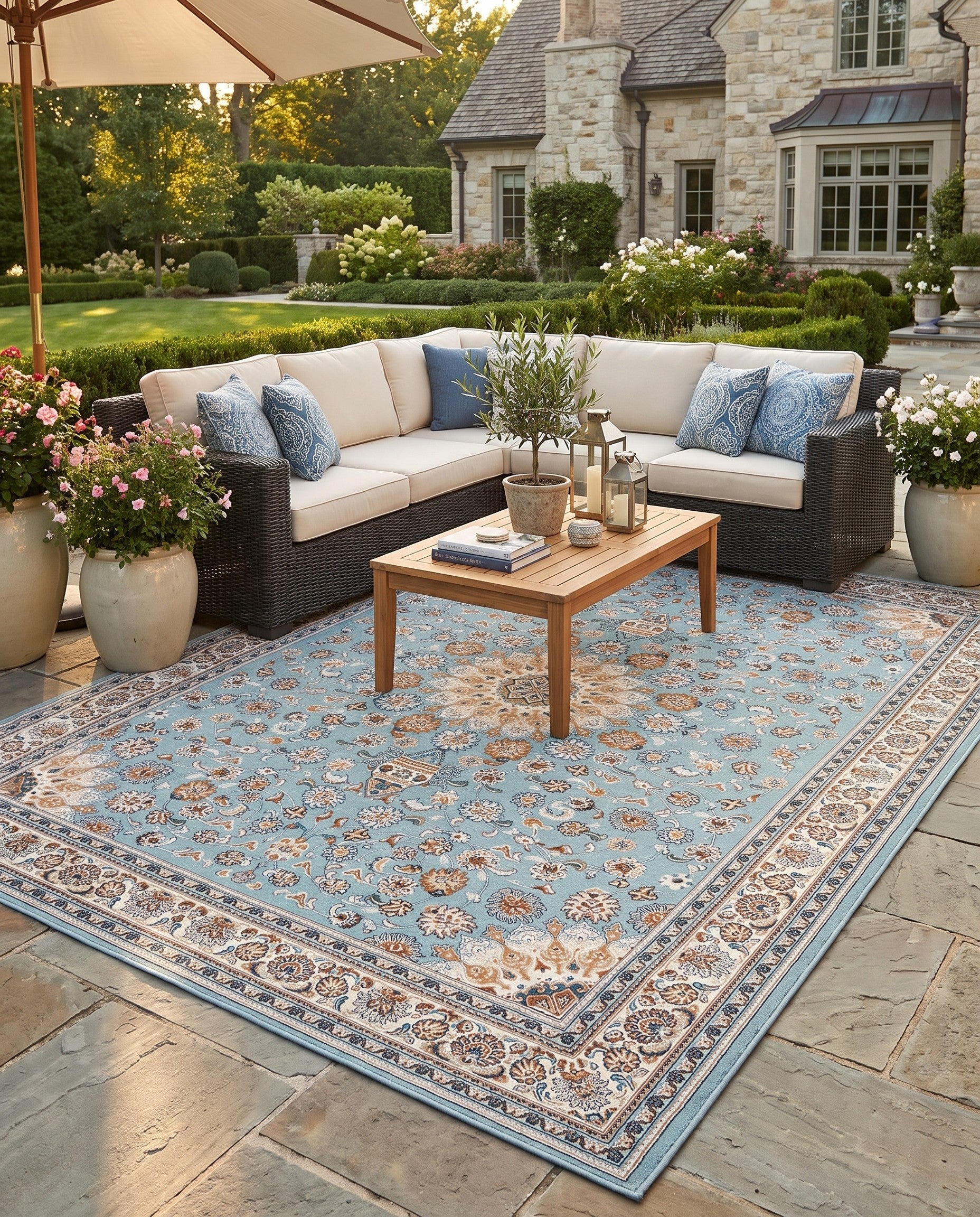 Blue Easy-Clean Traditional Indoor / Outdoor Rug