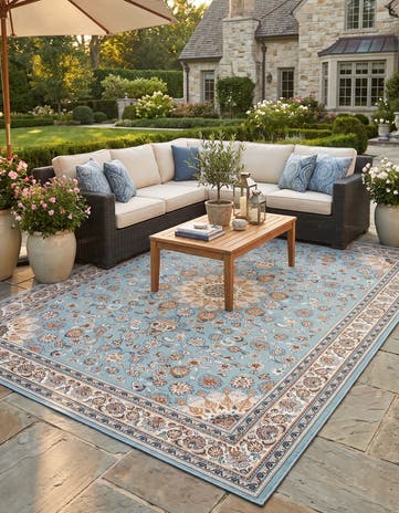 Blue Easy-Clean Traditional Indoor / Outdoor Rug