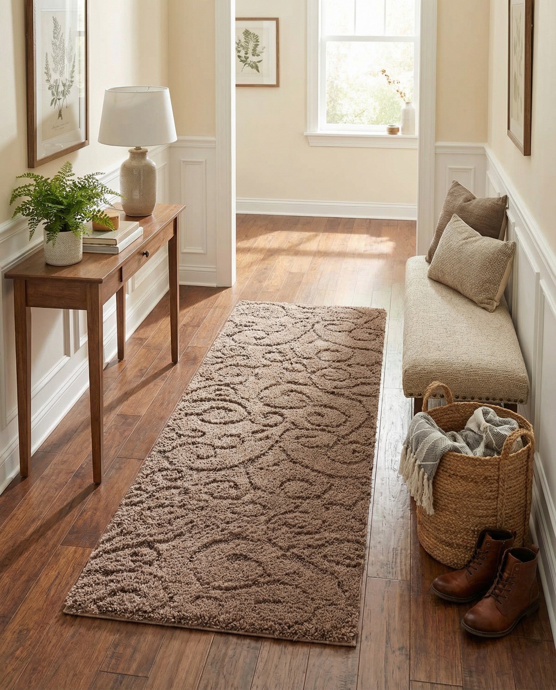 A 7 ft runner rug in shades of brown, featuring a textured high/low pile with a subtle, contemporary floral pattern, perfect for a hallway.