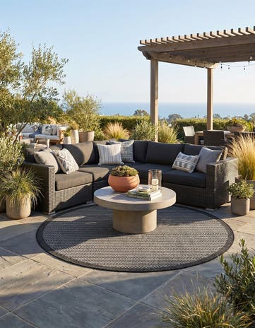 Gray Easy-Clean Border Indoor / Outdoor Round Rug