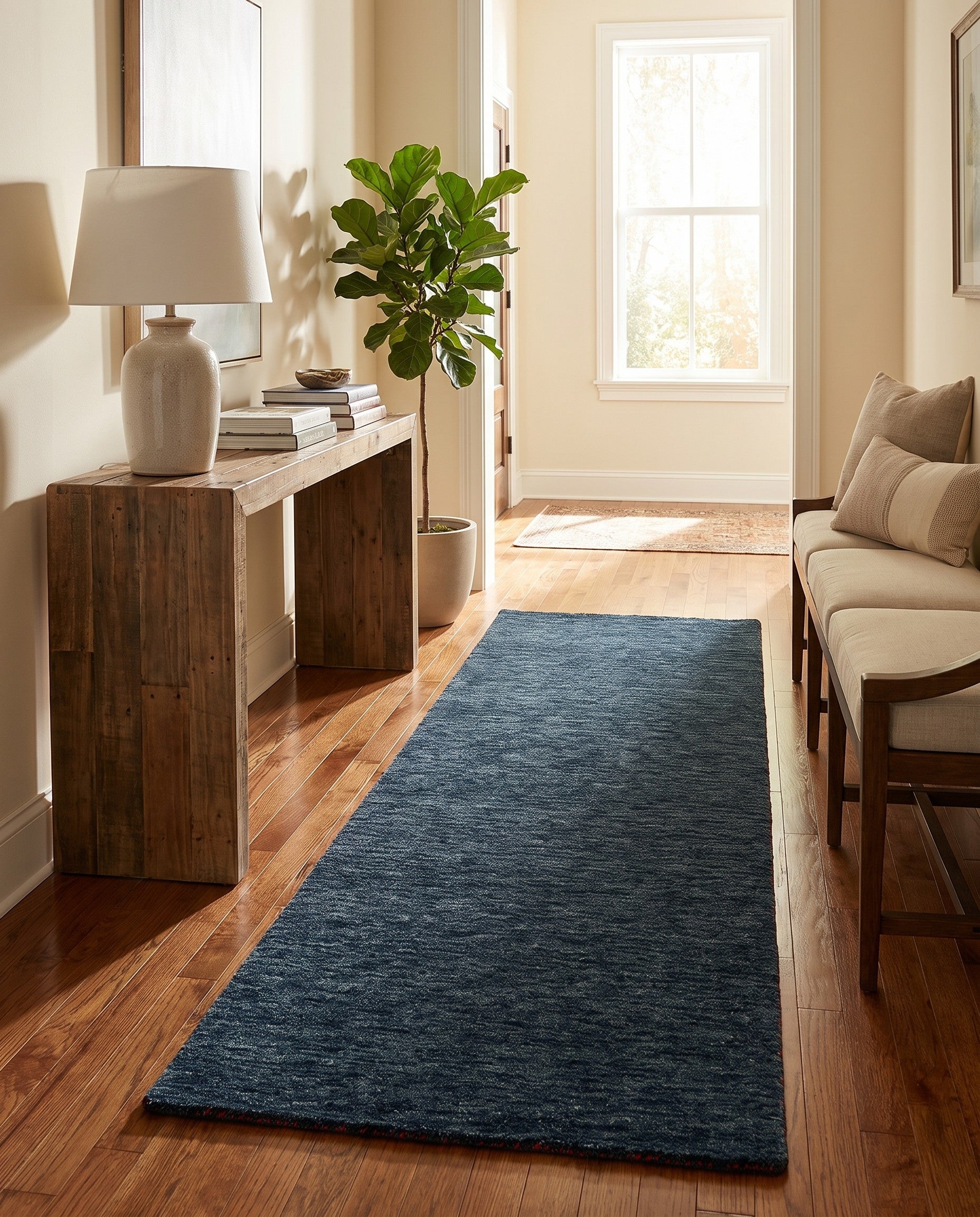 Navy Blue Hand Knotted Solid Gabbeh Wool Runner Rug