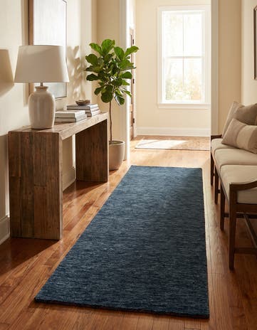 Navy Blue Hand Knotted Solid Gabbeh Wool Runner Rug