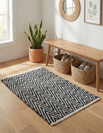 Black and White Hand Woven Chindi Chevron Rug
