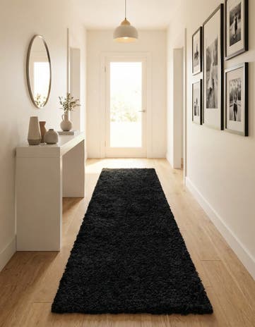 Jet Black Solid Shag Runner Rug