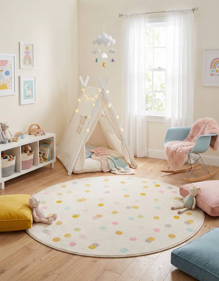 Detail image of 5' 3 x 5' 3 Polka Dot Whimsy Kids Round Rug