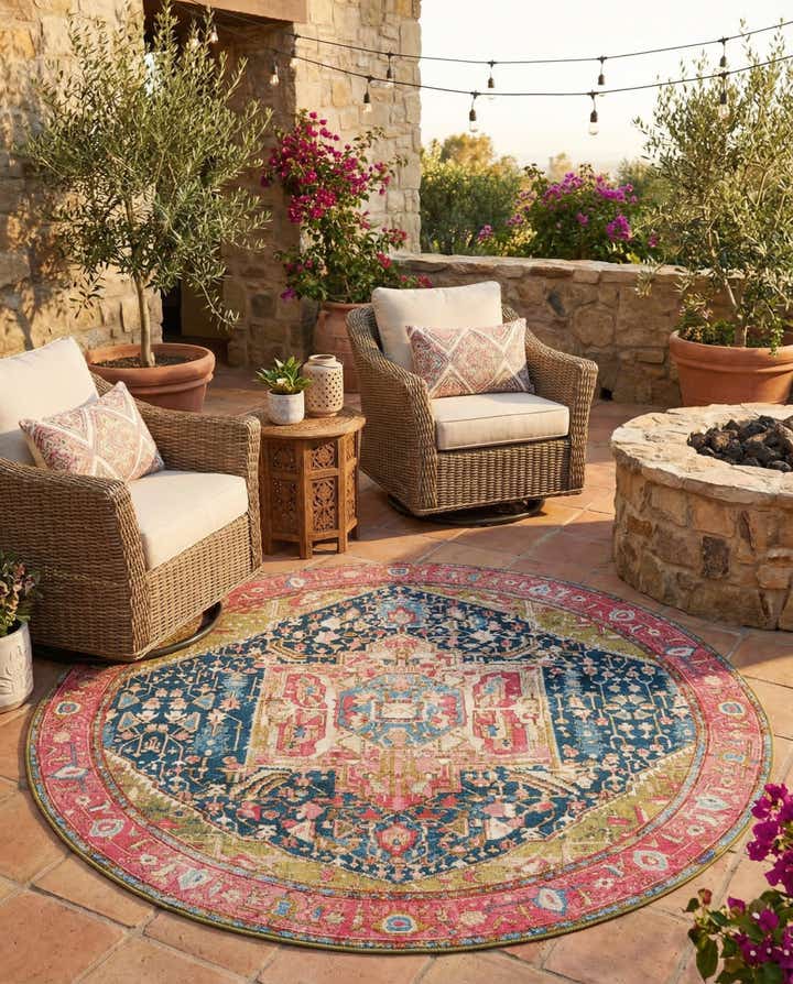 7' 10 x 7' 10 Easy-Clean Traditional Indoor / Outdoor Round Rug