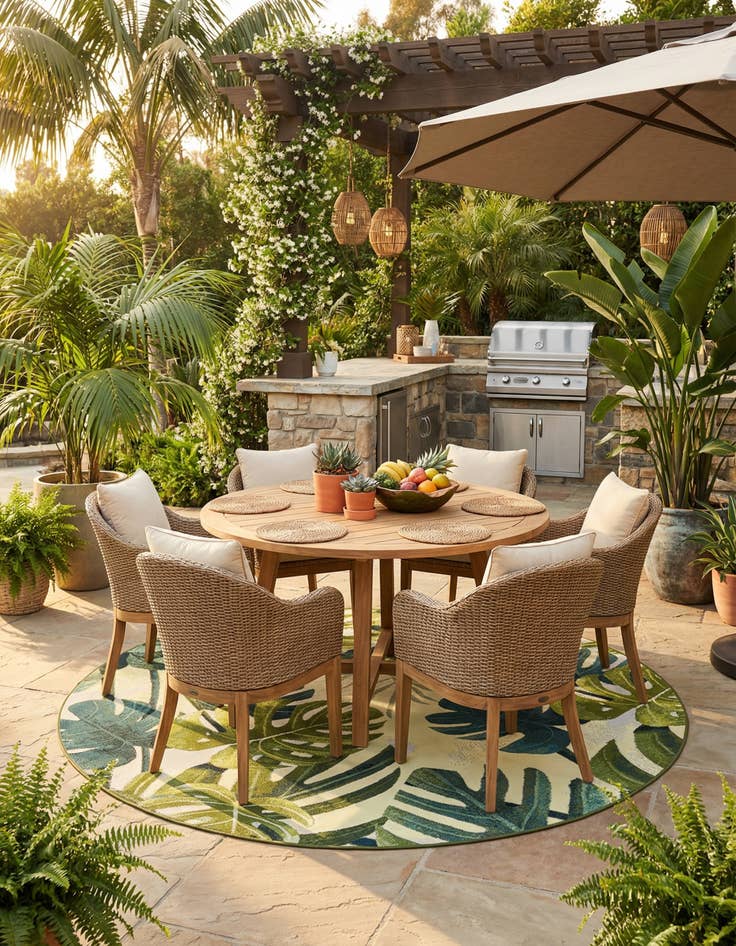 Detail image of 7' x 7' Washable Botanical Indoor / Outdoor Round Rug