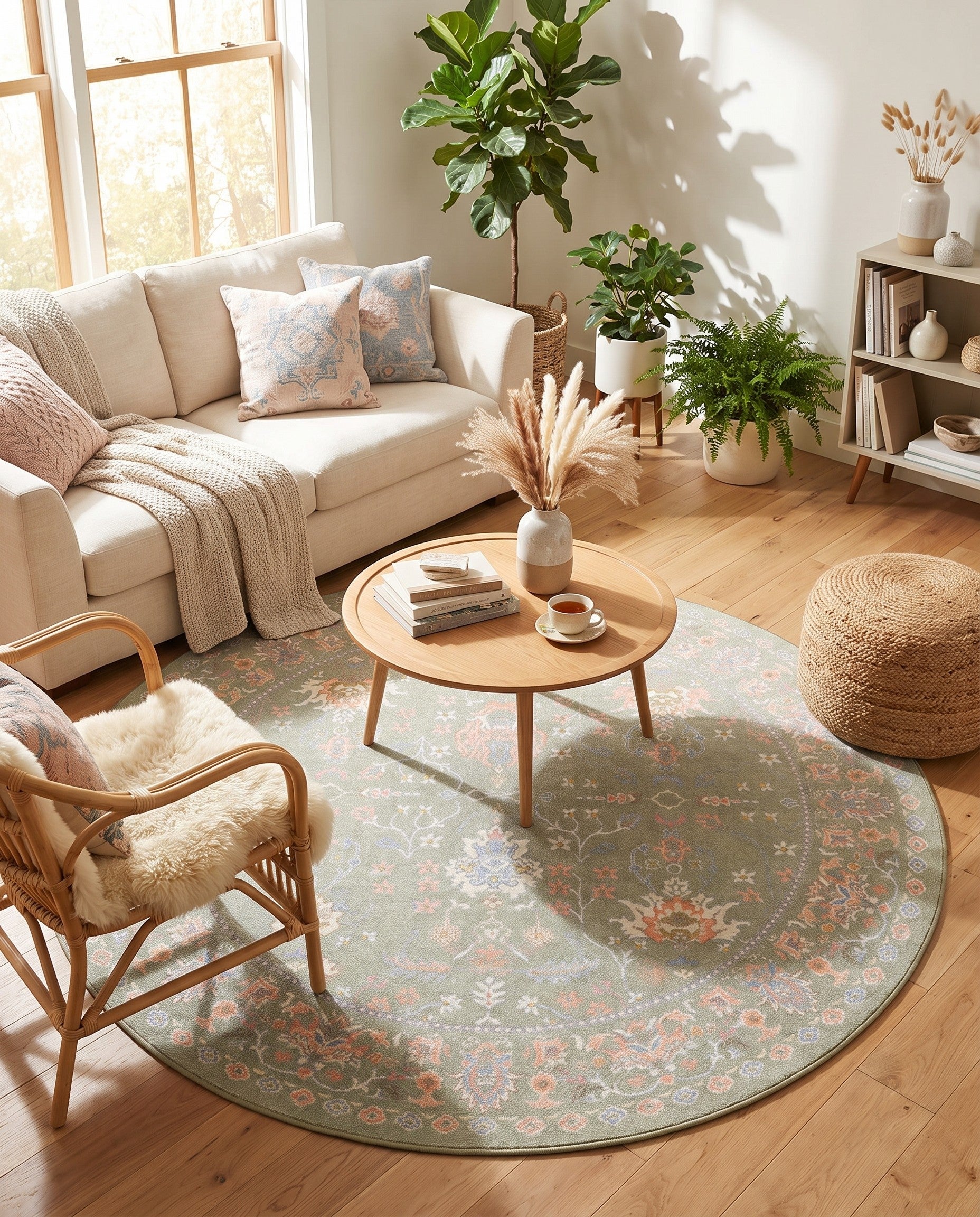 Light Green Kamala Washable Round Rug