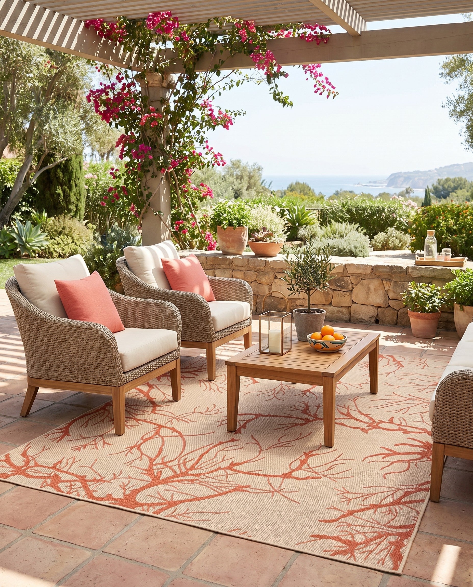 Beige and Terracotta Easy-Clean Botanical Indoor / Outdoor Rug