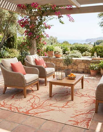 Beige and Terracotta Easy-Clean Botanical Indoor / Outdoor Rug