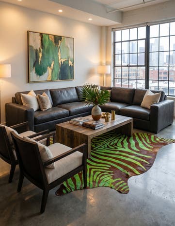 Green and Brown Cowhide Leather Rug