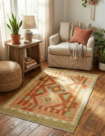 3' 2 x 4' 10 Hand Woven Kilim Waziri Wool Rug