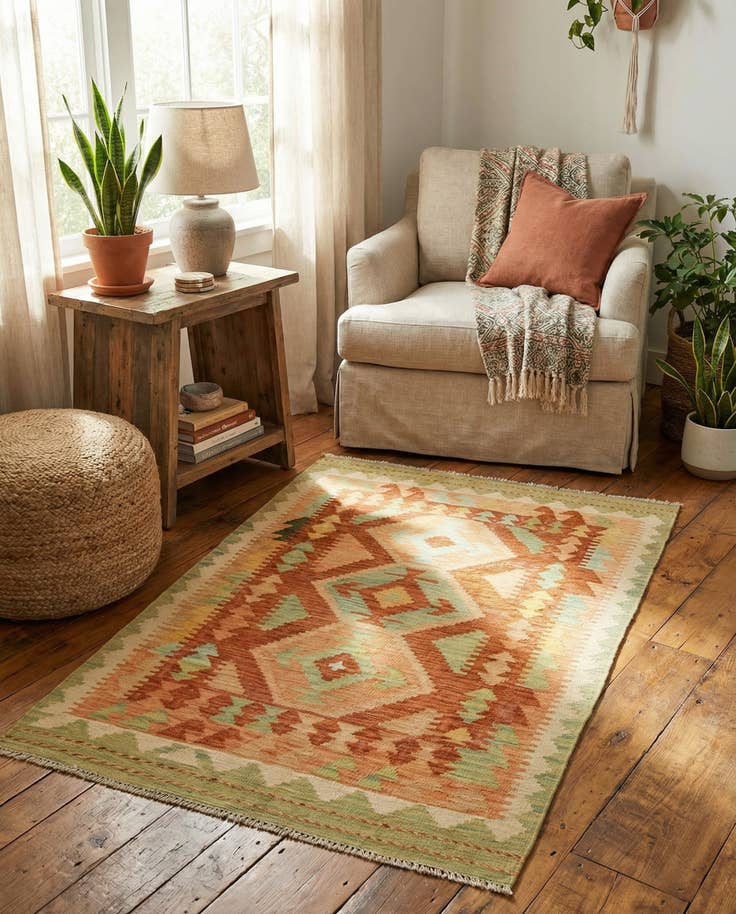 Detail image of 3' 2 x 4' 10 Hand Woven Kilim Waziri Wool Rug