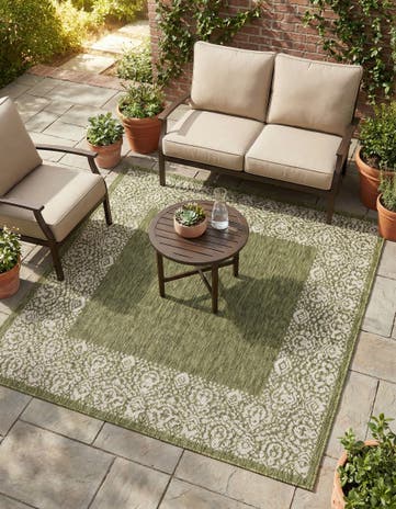 Green Easy-Clean Border Indoor / Outdoor Square Rug