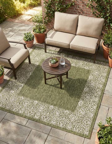 Green Easy-Clean Border Indoor / Outdoor Square Rug
