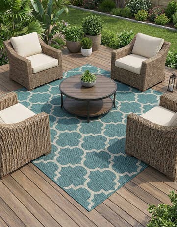 Teal Easy-Clean Lattice Indoor / Outdoor Square Rug