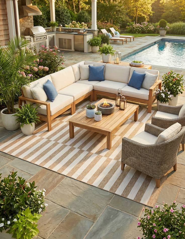 Detail image of 13' x 13'  Washable Striped Indoor / Outdoor Square Rug