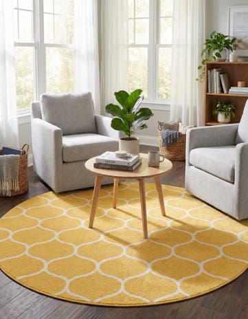 Yellow Lattice Frieze Round Rug