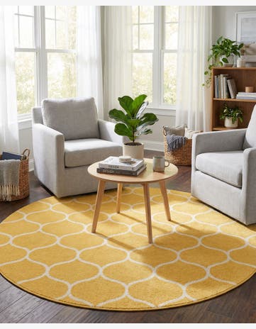 Yellow Trellis Frieze Round Rug