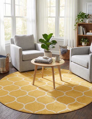 Yellow Lattice Frieze Round Rug