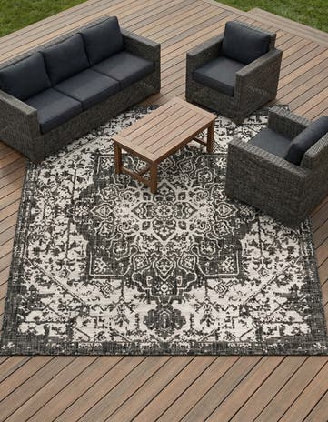 Charcoal Gray Easy-Clean Jill Zarin Dubai Indoor / Outdoor Square Rug