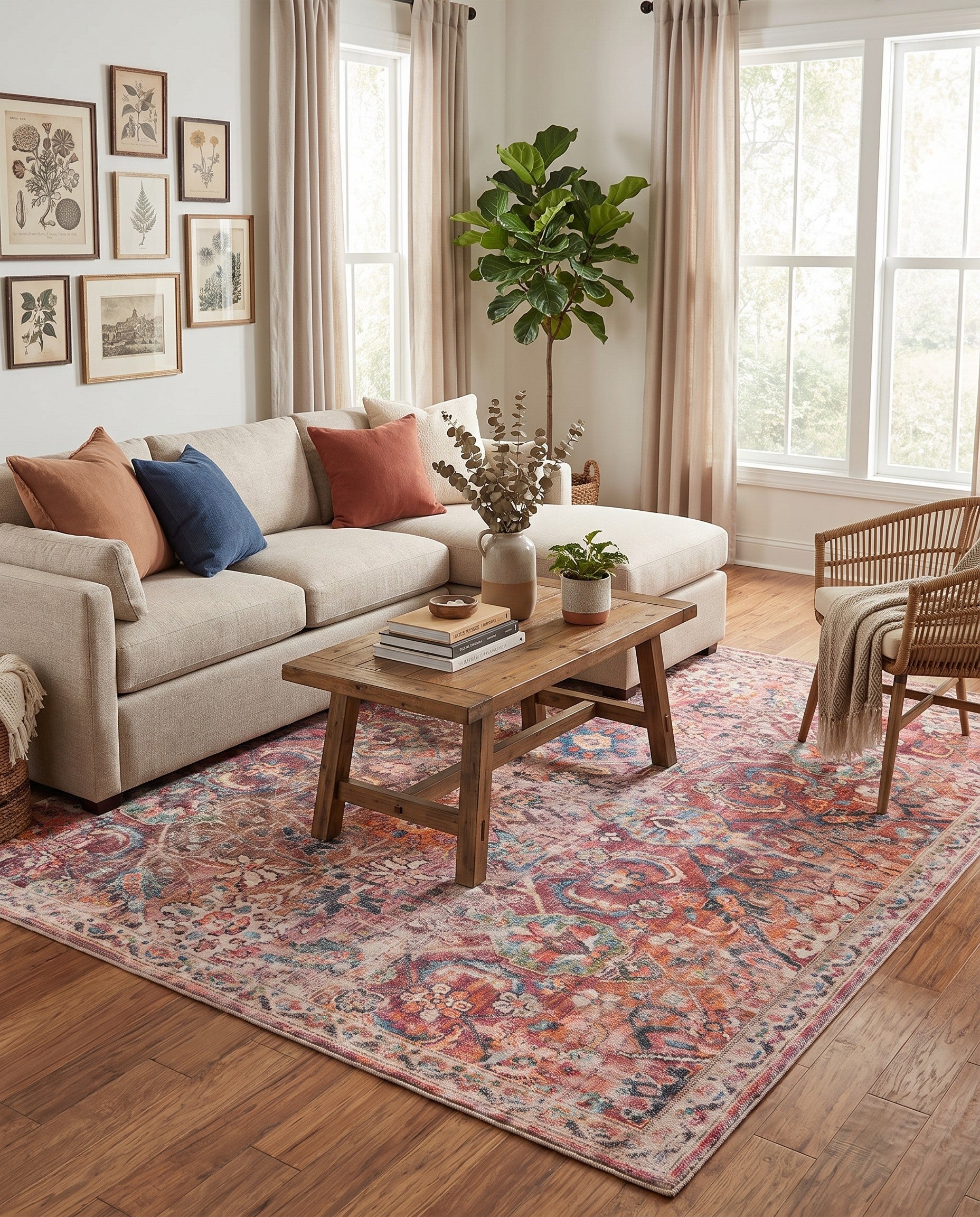 Ivory and Pink Washable Nostalgia Square Rug