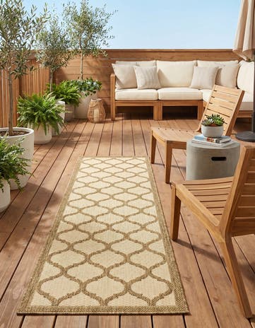 Beige and Brown Easy-Clean Lattice Indoor / Outdoor Runner Rug