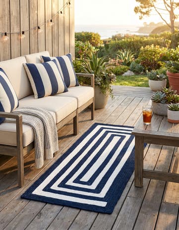 Navy Blue and White Easy-Clean Eco Verse Washable Indoor / Outdoor Runner Rug