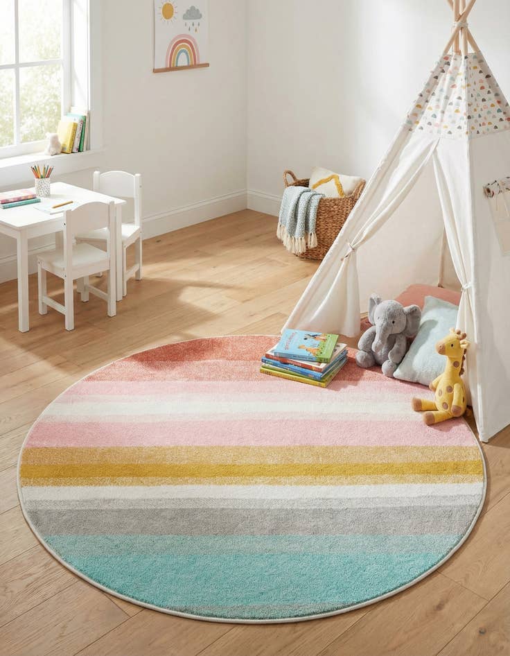 Detail image of 4' 1 x 4' 1 Rainbow Stripes Whimsy Kids Round Rug