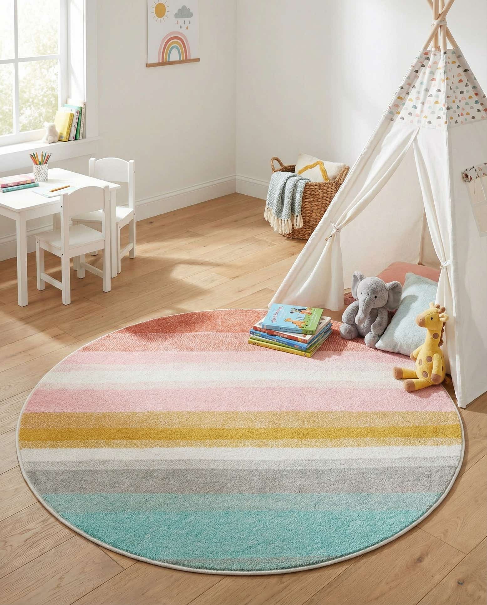 4' 1 x 4' 1 Rainbow Stripes Whimsy Kids Round Rug