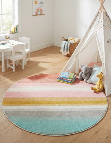 4' 1 x 4' 1 Rainbow Stripes Whimsy Kids Round Rug