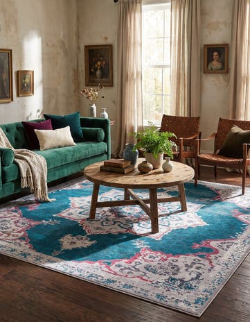 Teal Green Washable Renaissance Square Rug