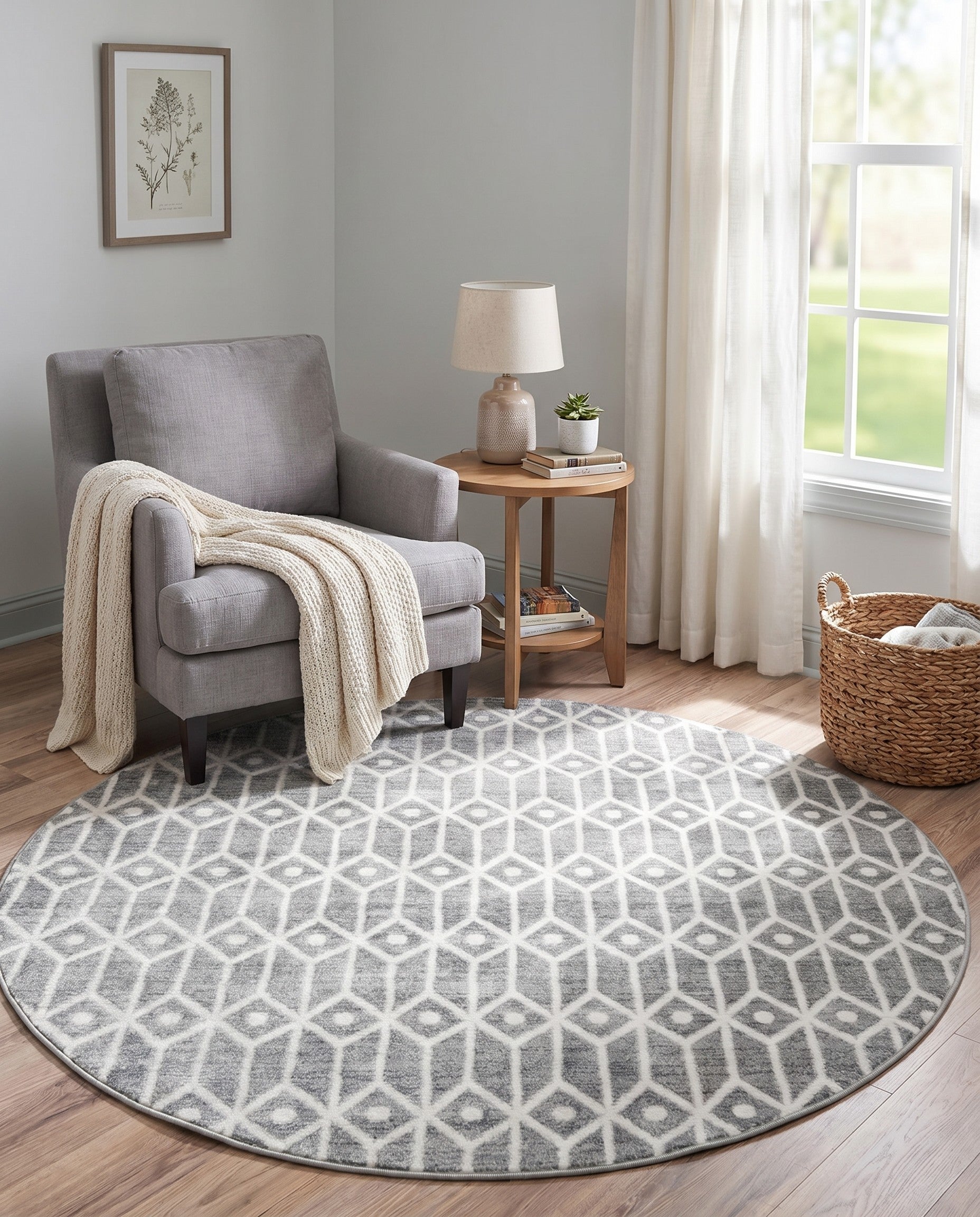 Gray Lattice Trellis Round Rug