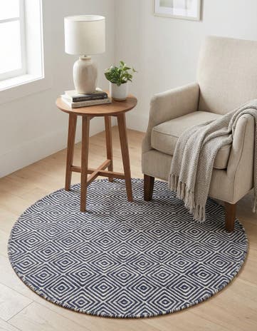 Navy Blue Hand Woven Geo Trellis Flatweave Round Rug