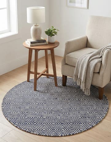 Navy Blue Hand Woven Geo Trellis Flatweave Round Rug