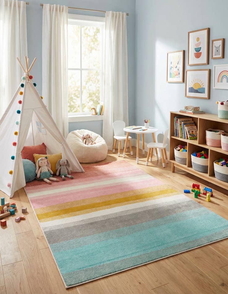 Detail image of 5' 3 x 8' Rainbow Stripes Whimsy Kids Rug