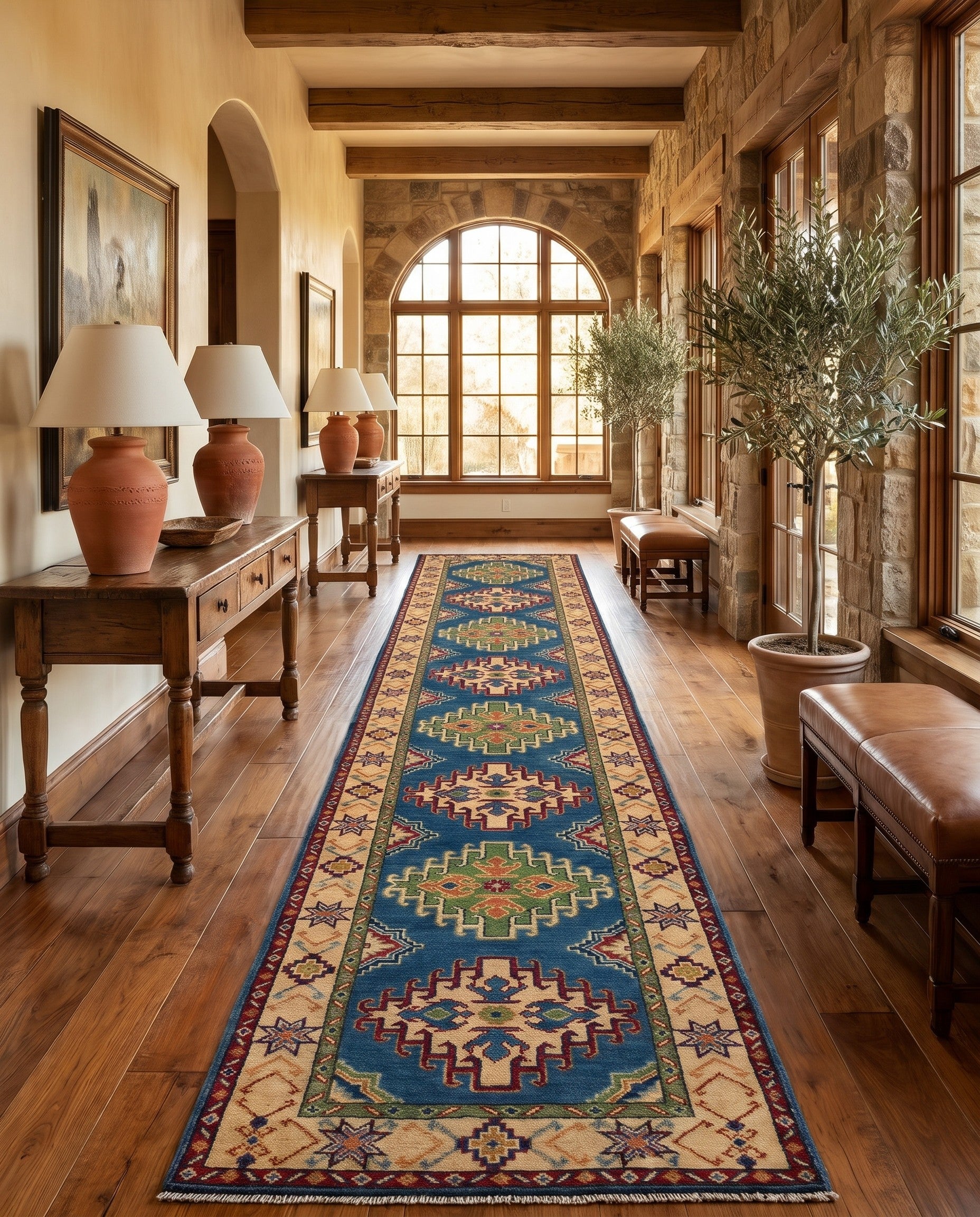 80cm x 485cm Hand Knotted Kazak Runner Rug
