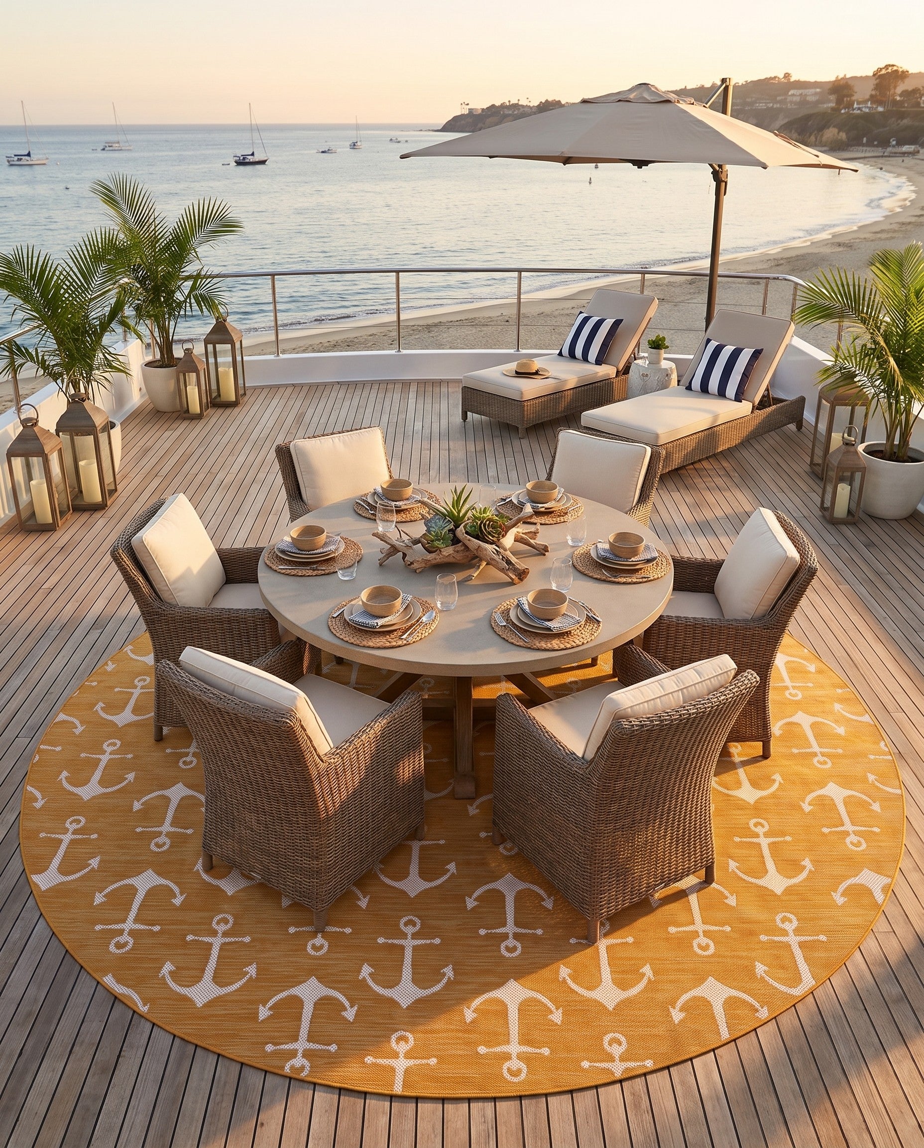 Yellow Easy-Clean Coastal Indoor / Outdoor Round Rug