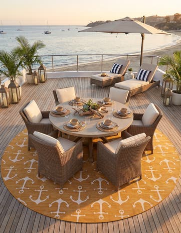 Yellow Easy-Clean Coastal Indoor / Outdoor Round Rug