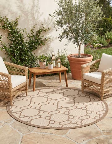 Beige Easy-Clean Lattice Indoor / Outdoor Round Rug