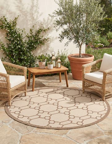 Beige Easy-Clean Lattice Indoor / Outdoor Round Rug