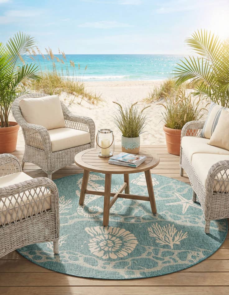 Detail image of 5' 3 x 5' 3  Washable Coastal Indoor / Outdoor Round Rug