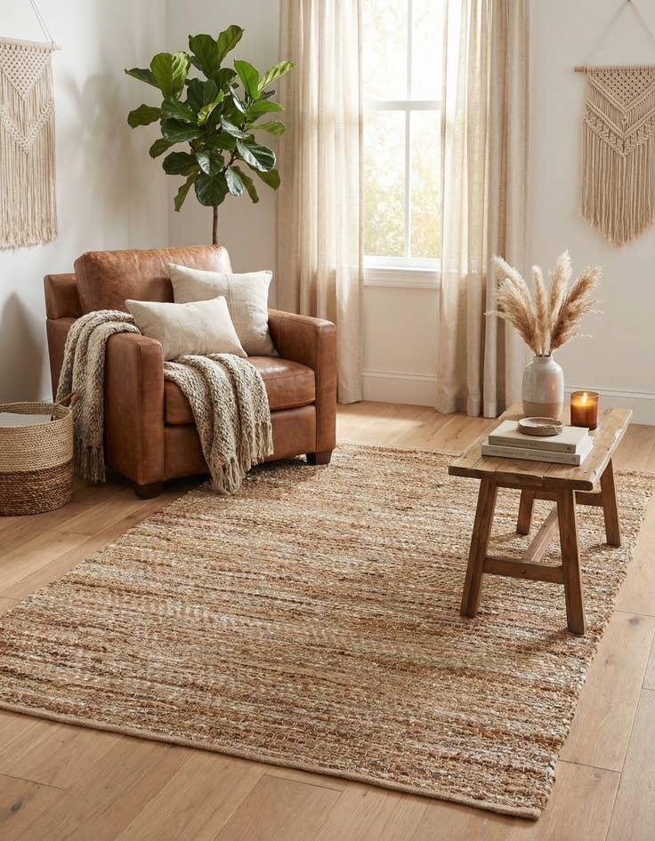 Detail image of 4' 1 x 6' 1  Hand Woven Leather Metallic Jute Rug